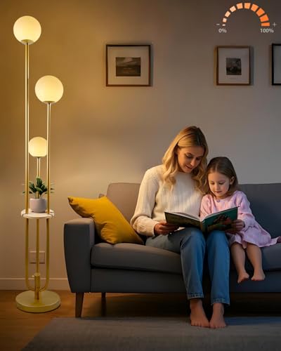 Lightdot Gold Globe Floor Lamp 3-Lights Dimmable Floor Lamps with Tray& Bulbs Included Unique Floor Lamp Modern Standing Lamps with 5Lbs Heavy Base for Living Room/Bedroom//Sofa Beside/Corner Decor - color: 3 Globe-Gold Shelf