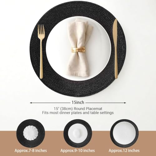 FunWheat Round Braided Placemats Set of 12 Place Mats for Dining Table Woven Washable Non-Slip Table Mats 15 Inch(Black,12pcs) - color: Black, size: Set of 12