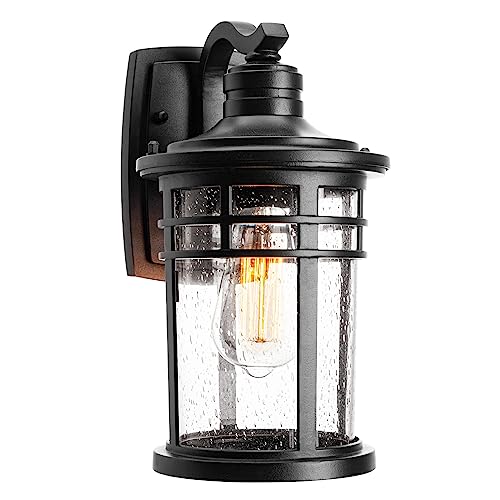 Darkaway Outdoor Porch Lights Wall Mount, Outdoor Light Fixtures Sconces Wall Lighting with Seeded Glass Waterproof Exterior Lights for Patio Yard House Hallway Doorway Garage(1 Pack, Black) - color: Black-Seeded Glass, size: 11.81"