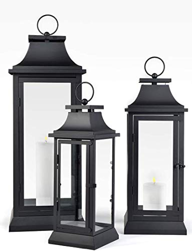 Serene Spaces Living Black Metal Hurricane Lantern with Clear Glass – 15" Tall, 5" Square. Versatile Hanging/Tabletop Candle Holder for Weddings, Parties, Indoor & Outdoor Home décor. - size: Medium, Pack of 1