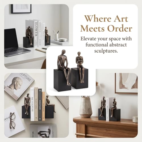 Decorative Bookends for Shelves, Set of 2 Heavy Duty Resin Book Ends with Abstract Couple Statues and Non-Slip Bases, Vintage Shelf Decor for Home Office, Bronze and Black - color: Metal Color