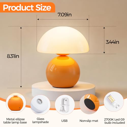 NIORSUN Mushroom Lamp Table Lamp for Bedroom, Portables Cordless Table Lamp,Wireless lamp,Small Bedside Table Touch Lamps for Living Room,Mini Mushroom 5200mAh Battery Operated Lamp Modern Orange - color: Orange, size: 1 Pack-Wireless
