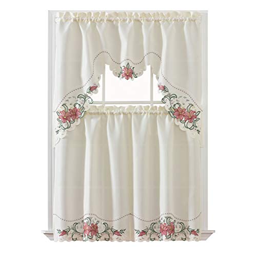 GOHD Lily Fragrance. 3pcs Multi-Color Embroidery Kitchen Cafe Curtain Set Swag and Tiers Set with cutworks. (Burgundy) - color: Burgundy