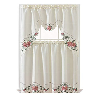 GOHD Lily Fragrance. 3pcs Multi-Color Embroidery Kitchen Cafe Curtain Set Swag and Tiers Set with cutworks. (Burgundy) - color: Burgundy