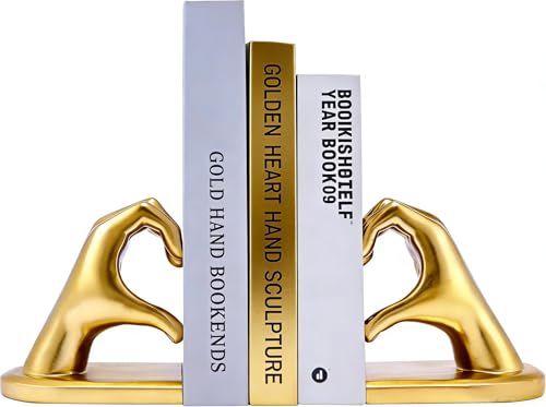 2Pcs Gold Heart Hands Book Ends, Non-Slip Heavy Duty Bookends for Shelves