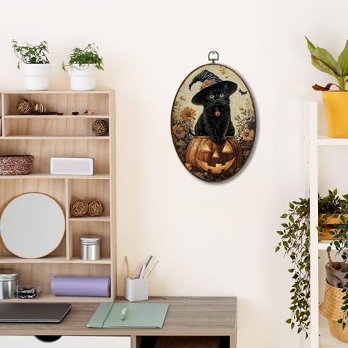 JQF Vintage Halloween Witchy Black Cat Oval Wall Art, Dark Academia Gothic Witch Pumpkin Oval Canvas Wall Art, Halloween Fall Framed Prints Hanging Decor for Home Bedroom Living Room, 8.5x11.5 Inch - color: fall cat-1