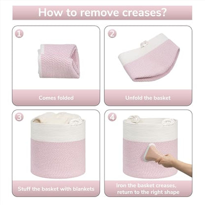 Goodpick Woven Rope Blanket Basket Living Room, 40L, Pink - color: Pink, size: 15 × 14.2 inches