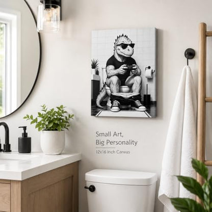 Canvas Wall Art Funny Dinosaur Framed Style Powder Room Accent 12x16 Inch - color: Funny Dinosaur, size: 16"L x 12"W