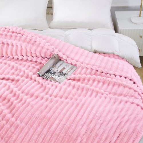 Taliska Ribbed Fleece Throw Blanket for Bed, Pink, 90"x90" - color: Pink, size: Throw(90"x90")