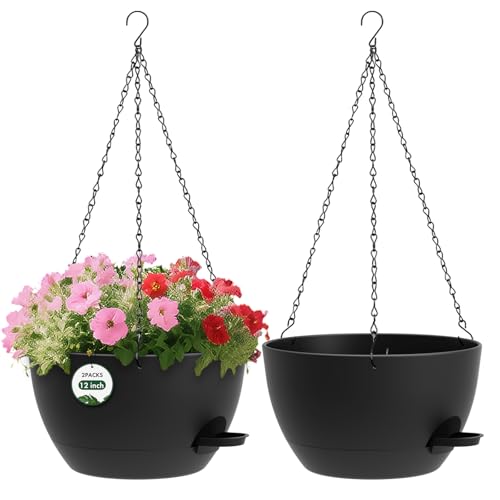 2 Pack 12 Hanging Flower Pots with Chains Self Watering Plastic Planters for Indoor Outdoor Plants, Sturdy Triangular Iron Chain Design for Garden PorchPlastic Hanging Flower pots (2, Black) - color: Black
