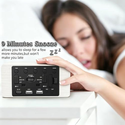 Premium White Wooden Digital Alarm Clock with Wireless Phone Charger, USB Charging Ports, Dimmable LED Display, Date & Day of Week, Temperature, Digital Desk Clock for Bedroom Nightstand Bedside Table - color: White