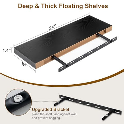 Fun Memories Rustic Black Floating Shelves 24 Inch Long, 8 Inch Deep Floating Shelf, 24 x 8 Wall Shelves Set of 2, Deep Black Bathroom Shelves, 24 Long Floating Bookshelf Wall Mounted - color: Black, size: 24"W x 8"D