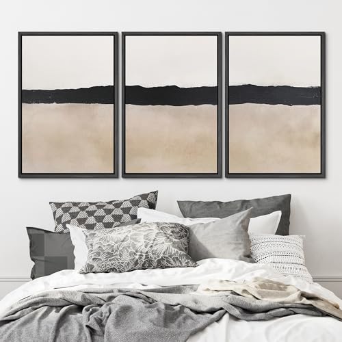 MUDECOR Framed Wall Art Print Set Minimalist Abstract Black Horizontal Brushstroke Illustrations Modern Art Boho Decorative Colorful Chic for Living Room, Bedroom, Office - 16"x24"x3 Black - color: A07-2404-m14, size: 16"x24"x3 Panels Black