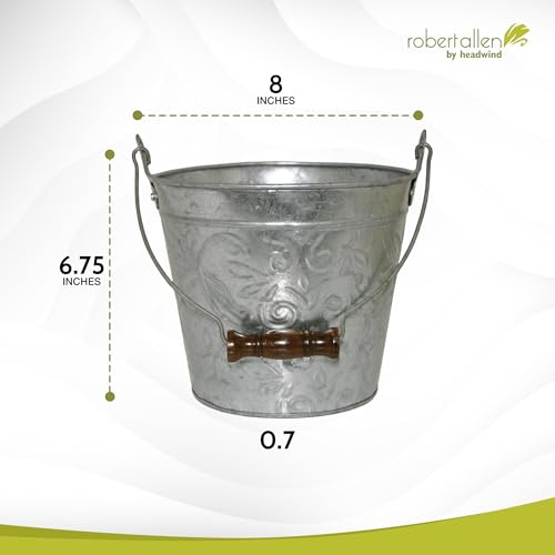 Headwind Vintage Collection - Floral Galvanized Planter with Handles – Small Galvanized Buckets & Metal Flower Pots, Decorative Bucket Planter with Drainage Hole for Indoor Plants & Outdoor Garden Déc - color: Galvanized, size: 8"