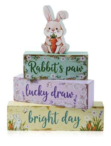 Spring Easter Dec Bunny Wooden Tabletop Decor with Rabbit’s Paw/Luck Draw/Bright Day Signs, Spring Farmhouse Spring Table Decorations for Home Indoor, Green Purple Beige Wood Blocks Set of 4 - size: Spring Rabbit