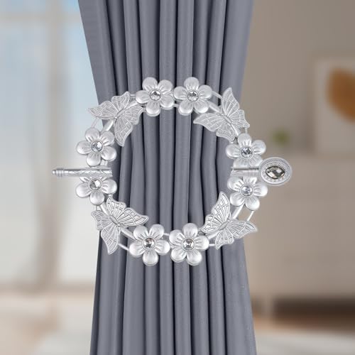 2pcs Silver Curtain Tiebacks, Flower Butterfly Drapery Holdbacks - style: Silver Butterfly