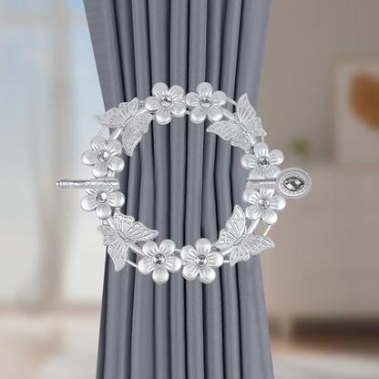 2pcs Silver Curtain Tiebacks, Flower Butterfly Drapery Holdbacks - style: Silver Butterfly