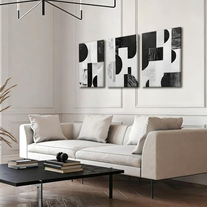 LYYGLYY 3Pcs Framed Black and White Geometric Canvas Wall Art 16x24 Inches - color: Black White Blocks, size: 16x24 Inches