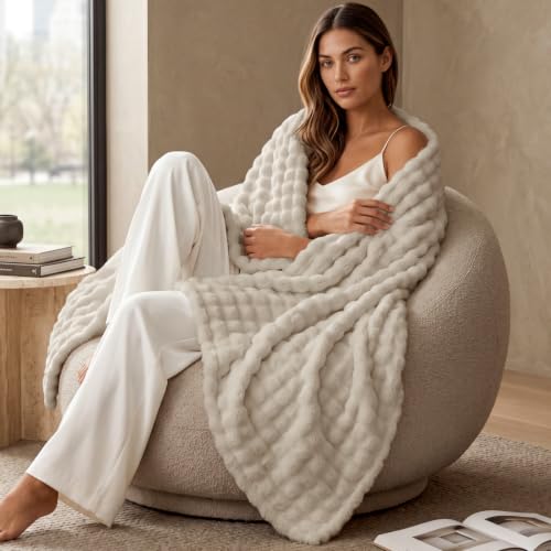 BEDELITE Beige Linen 3D Fleece Bubble Throw Blanket for Couch, 50x60 Inches - color: Linen, size: Throw(50"x60")