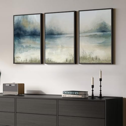 Framed Watercolor Abstract Landscape Wall Art, 3 Piece Set, Each 16x24 In - color: Misty Lake, size: 16" W x 24" H x 3pcs