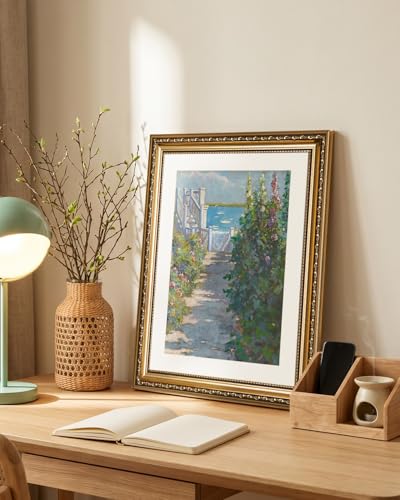 VIYYIEA Gold Framed Coastal Garden Wall Art Canvas Painting, 13×16 Inch - color: Coastal Garden Painting, size: 16"L x 13"W
