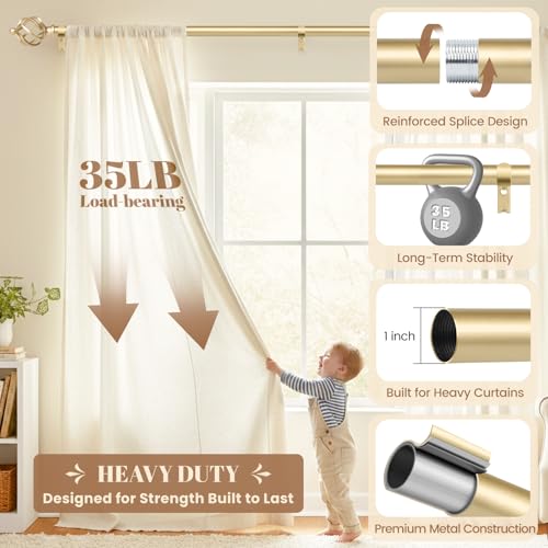 1" Farmhouse Heavy Duty Curtain Rods for Windows,Adjust 72-150",Gold - color: Brass Gold, size: 72-150 Inch & 1 Pack