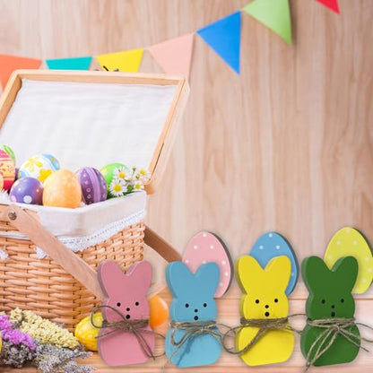 Easter Decorations 7PCS Wood Bunny Eggs Spring Decor Signs for Home, Wooden Rabbit Freestanding Cute Table Centerpieces Tiered Tray Decoration for Office Tabletop Mantel Shelf Party Supplies