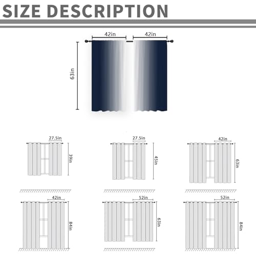 Blue White Curtains, Ombre, 2 Panels, 42" W x 63" L, Rod Pocket - color: Navy Blue, size: 42"W x 63"L (Pack of 2)
