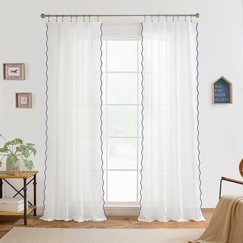 DriftAway Semi Sheer Scalloped Edge White Coastal Beach Window Curtains for Living Room Bedroom 2 Panels Rod Pocket Each Size 52 Inch by 90 Inch Navy - color: White Navy, size: 52"W x 90"L (Pack of 2)
