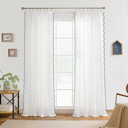 DriftAway Semi Sheer Scalloped Edge White Coastal Beach Window Curtains for Living Room Bedroom 2 Panels Rod Pocket Each Size 52 Inch by 90 Inch Navy - color: White Navy, size: 52"W x 90"L (Pack of 2)