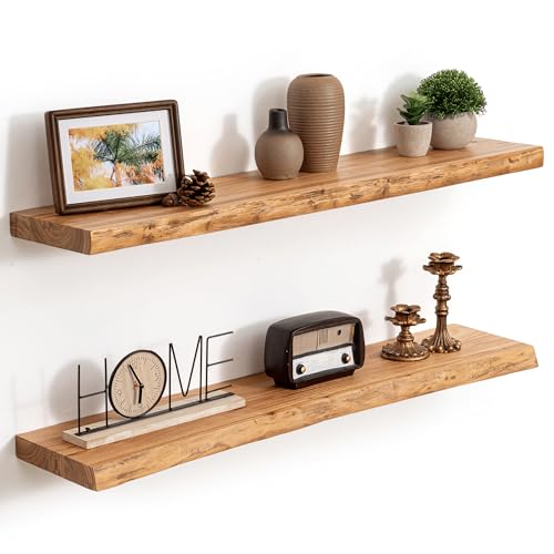 36in Live Edge Solid Elm Floating Shelves, Natural, Set of 2 - color: Natural Color, size: Live Edge 36 inch, 2Packs