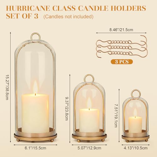 15"&9"&7" Hurricane Glass Candle Holders Set of 3 - color: Brass