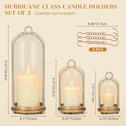 15"&9"&7" Hurricane Glass Candle Holders Set of 3 - color: Brass