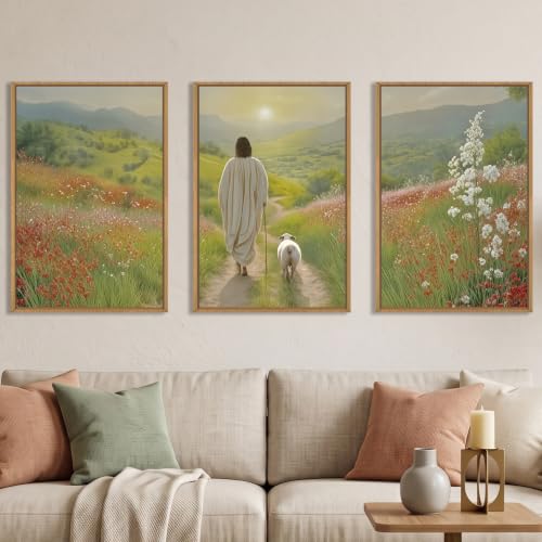 LHIUEM Large Jesus and Lamb Christian Framed Canvas Wall Art,Leaves The 99 Sheep Wall Decor,Mountain Sunset Flower Bible Artwork for Living Room,Bedroom,Dining Room,Office -24''x36''x3 - color: Jesus and Lamb Wall Art, size: 24''x36''x3