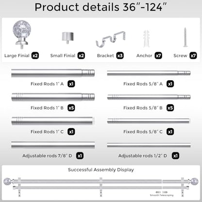 Double Curtain Rod 36-122 Inch, Adjustable Crystal Dual Rod Silver - color: Silver, size: 36"-122"