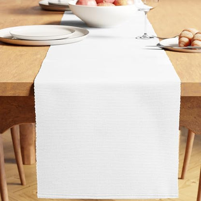 Encasa XO Table Runner, Yarn Dyed Ribbed Cotton 13"x94" - color: White, size: 13x94 in