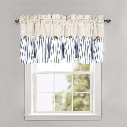 DOSLY Ides Farmhouse Rustic Cotton Valance Curtain, Navy Blue Striped Pleated Design with Coconut Buttons, Multi-Room Window Treatment for Kitchen Living Room Bedroom, 52x18 Inch - color: Linen & Blue Striped, size: 52"W x 18"L (Pack of 1)