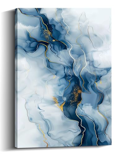 Blue Abstract Canvas Wall Art - Blue and Gold Textured Pictures Gray and White Painting Contemporary Art Modern Abstract Wall Decor Framed for Living Room Ready to Hang(Art-1,24.00x36.00 inch) - color: Art-1, size: 36"L x 24"W