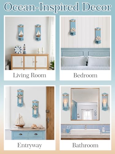 Alphatool Handmade Wooden Candle Sconces Set of 2 Farmhouse Wall Decor - color: Blue