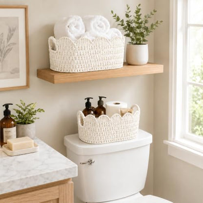 Endymion Set of 2 Paper Rope Scalloped Basket, Wicker Storage Baskets White - color: White
