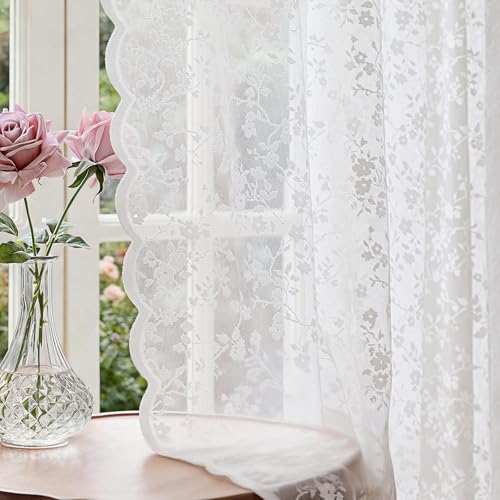 Anmao Vintage Lace Sheer Curtains 54 Inches Long - Romantic Floral Semi-Sheer Voile Panels for Living Room & Bedroom, Rod Pocket Light Filtering Drapes, Set of 2 Panels (55" W x 54" L), White - color: White Blossom, size: 55"W x 54"L (Pack of 2)
