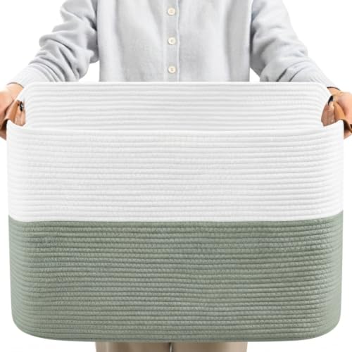Danpinera 100L Extra Large Blanket Basket for Living Room, White&Sage Green - color: White & Green, size: 108L