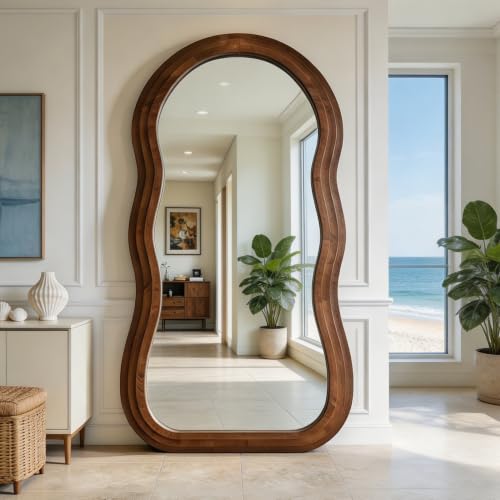 71"x33.5" Wavy Full Length Mirror with 3-Layer Solid Wood Frame - color: Walnut Wavy Frame, size: 71"L x 33.5"W