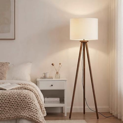 Buruis 60.6 Inch Walnut Wood Tripod Floor Lamp with Linen Drum Shade, Cream - color: Cream