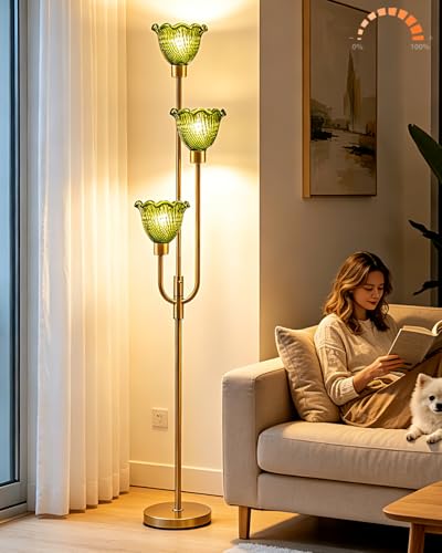 Glass Floor Lamp 66IN 3-Light Modern Green Glass Gold Dimmable Floor Lamps - color: Green Flower-Gold