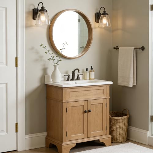 WallBeyond 24 Inch Natural Round Wood Mirror, Circle Wooden Frame Wall Mirror for Bathroom, Living Room, Bedroom, Entryway - color: Natural, size: 24"L x 24"W