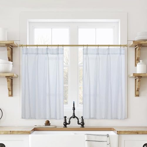 Lino Rosa Pinch Pleat Small Curtains with Hooks for Bathroom Windows Striped Kitchen 20 Inch Length Light Blue - color: Light Blue, size: 24"W x 20"L (Pack of 2)