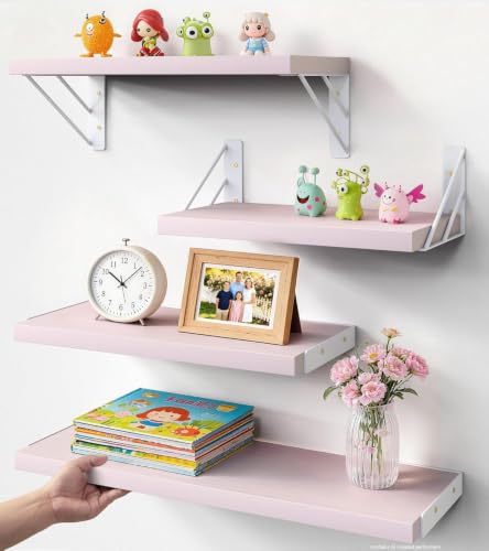 BAYKA Wall Mounted Floating Shelves (Pastel Pink, Set of 4, 16" Mixed) - color: H. Pastel Pink Board & White Brackets, size: 16 inches Mixed