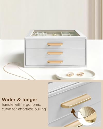 Homeanda Jewelry Boxes Organizer with Glass Lid, 3-Layer PU Leather, White - color: White, size: 3 Layer