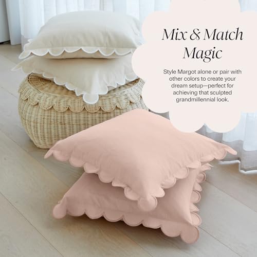 BEBE BASK Scalloped Pillow Cover Set of 2, 18x18, Cotton - Peach Pink - color: Peach Pink/Peach